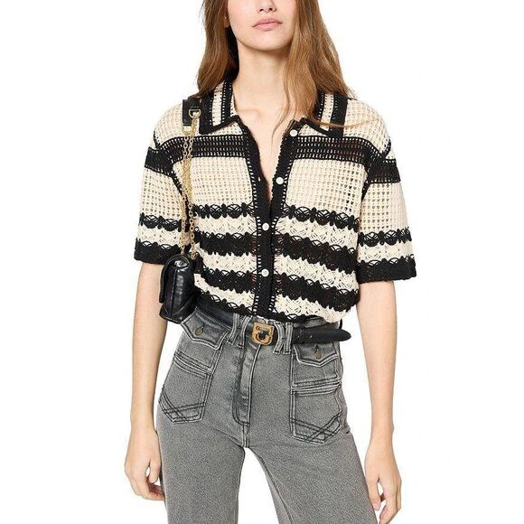 Solitaire Beige and Black Semi Cropped Boxy Knit Top - Picture 1 of 5